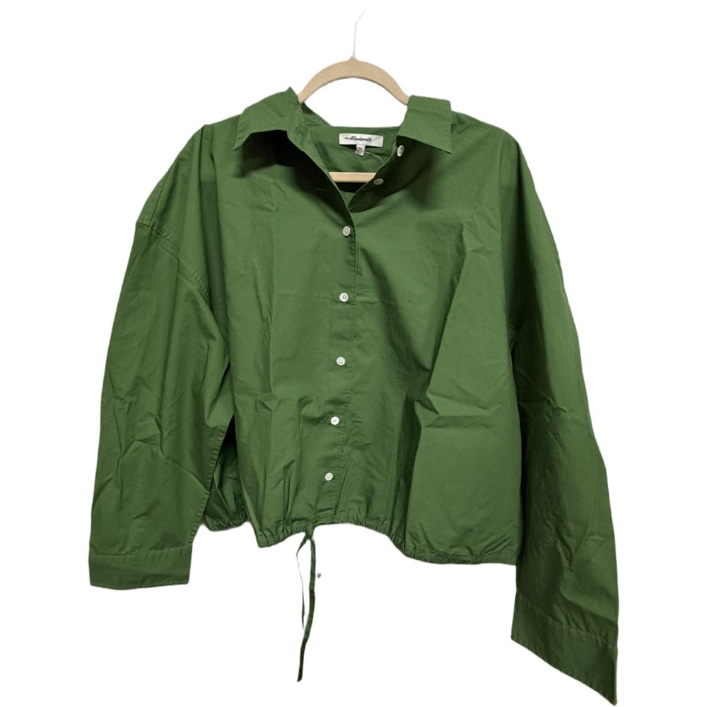 Madewell Drawstring-Hem Cropped Shirt XL Garden Green Button Front Poplin NZ452 - Picture 4 of 10